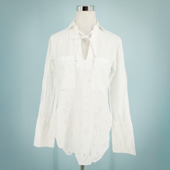 Kerri Rosenthal Size Medium M White Eyelet Collared Tie Popover Cotton Tunic Top - Picture 1 of 7